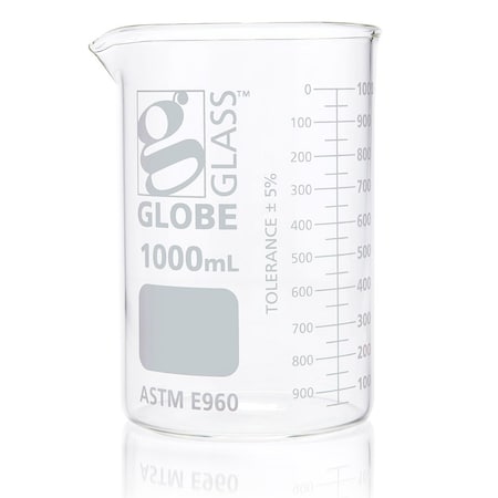 Globe Scientific Beaker, Globe Glass, 1000mL, Low Form Griffin Style, Dual Graduations, ASTM E960, 6/Box, 6PK 8011000